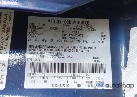 2007 Ford Expedition El Eddie Bauer z USA, uszkodzony, nr VIN 1FMFK175X7LA31062